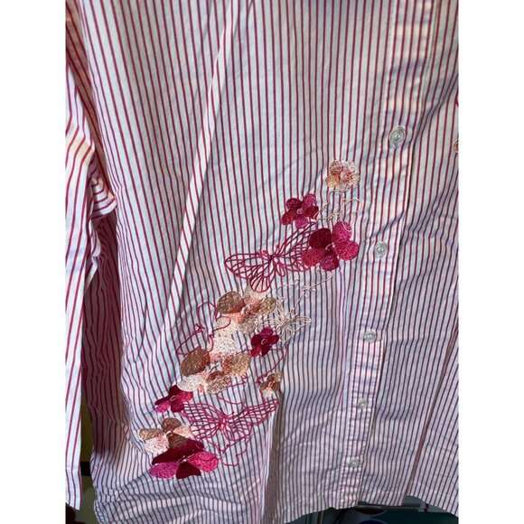 Bechamel Pink White Striped Floral Embroidered 3/4 Sleeve Button Up Top Sz XL - Picture 5 of 7